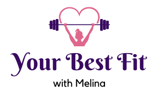 Your Best Fit with Melina log; woman lifting barbell above her head with a heart shape above the company name